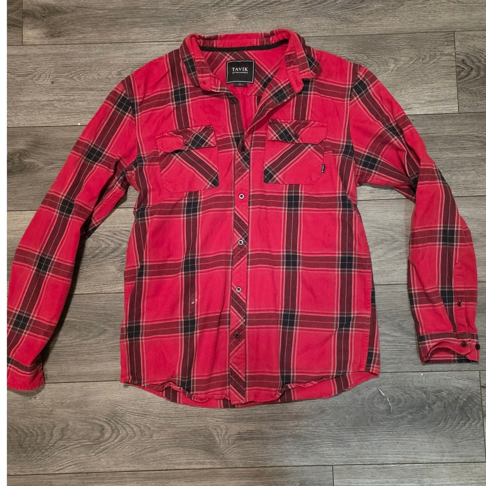 Tavik Mens L Red Black Plaid Flannel Shirt Cotton Long Sleeve pockets thick